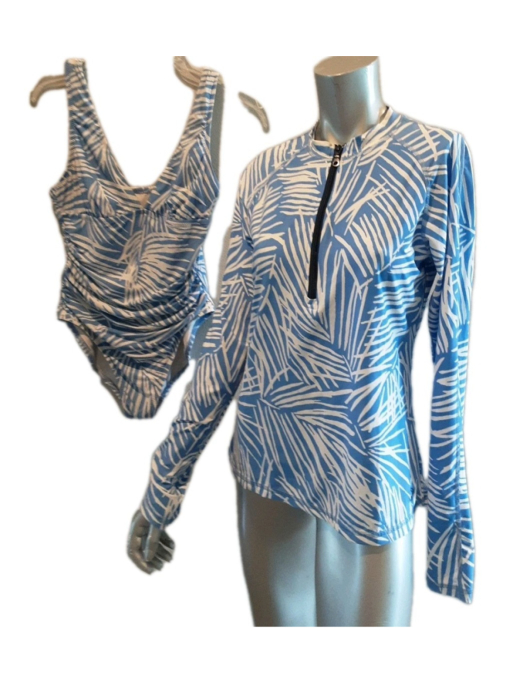 HELEN JON-Sun Shirt & Swimsuit-South Seas Periwinkle & White-SPF 50+- Sz M